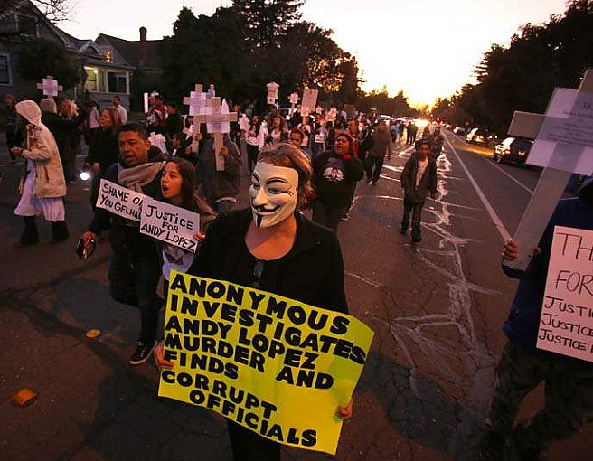 Protesters blocked traffic on Sonoma Ave. There were an estimated 200-300 protesters that participated throughout the day and night. Photo source: Conner Jay - The Press Democrat